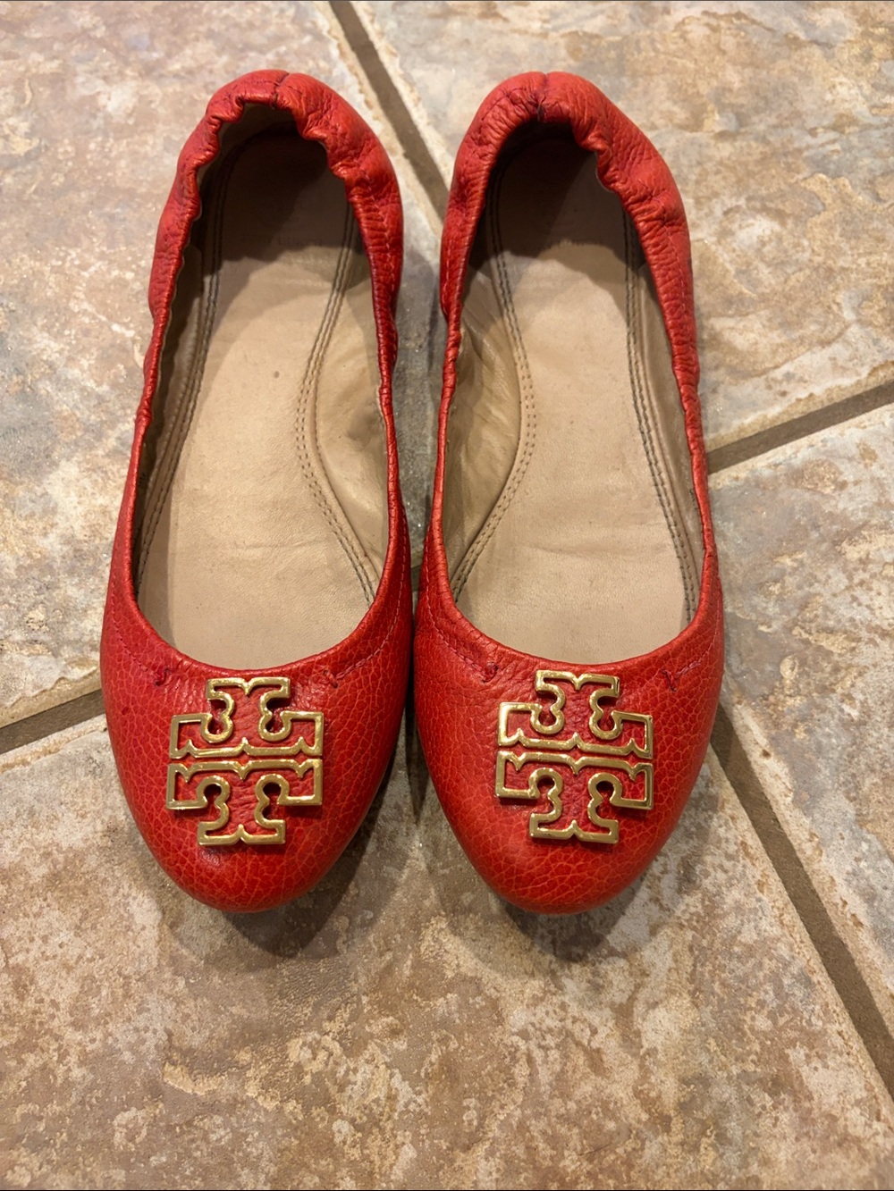 Tory Burch Red Leather Logo Ballet Flats